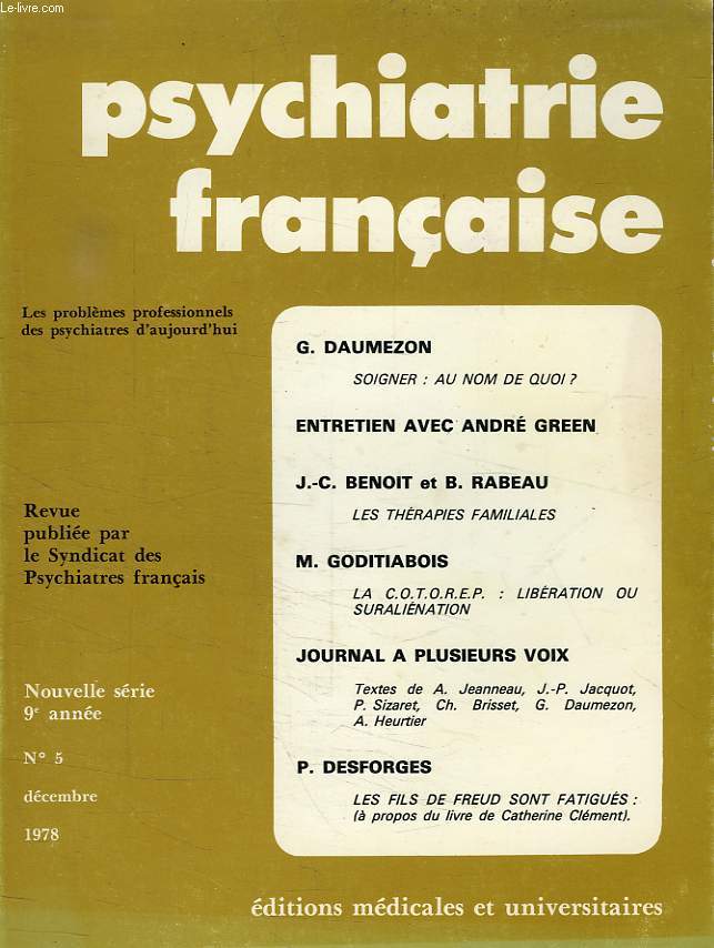 PSYCHIATRIE FRANCAISE, NOUVELLE SERIE, 9e ANNEE, N 5, DEC. 1978