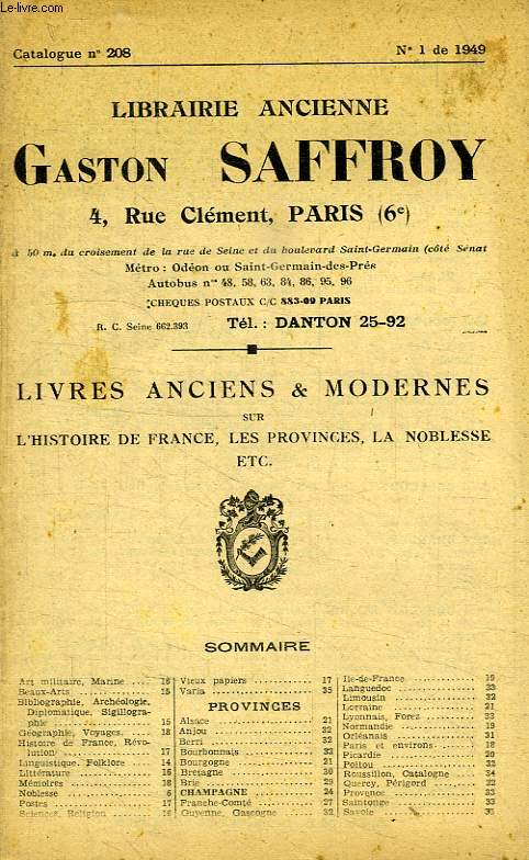 LIBRAIRIE ANCIENNE GASTON SAFFROY, CATALOGUE N 208, N 1 DE 1949
