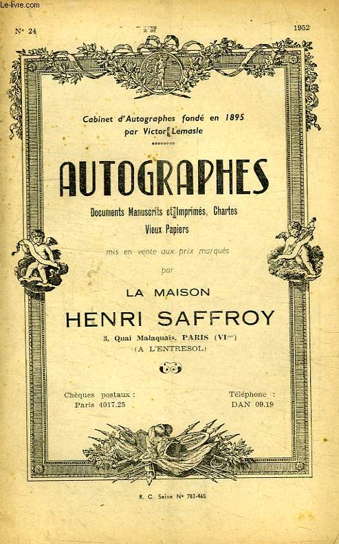 MAISON HENRI SAFFROY, AUTOGRAPHES, CATALOGUE N 24, 1952