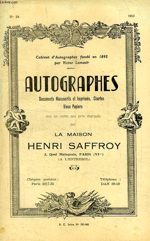 MAISON HENRI SAFFROY, AUTOGRAPHES, CATALOGUE N 28, 1953