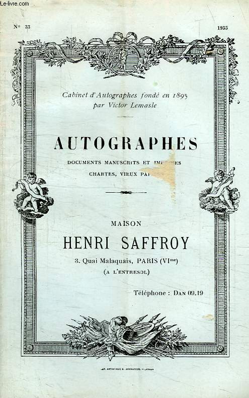 MAISON HENRI SAFFROY, AUTOGRAPHES, CATALOGUE N 33, 1955