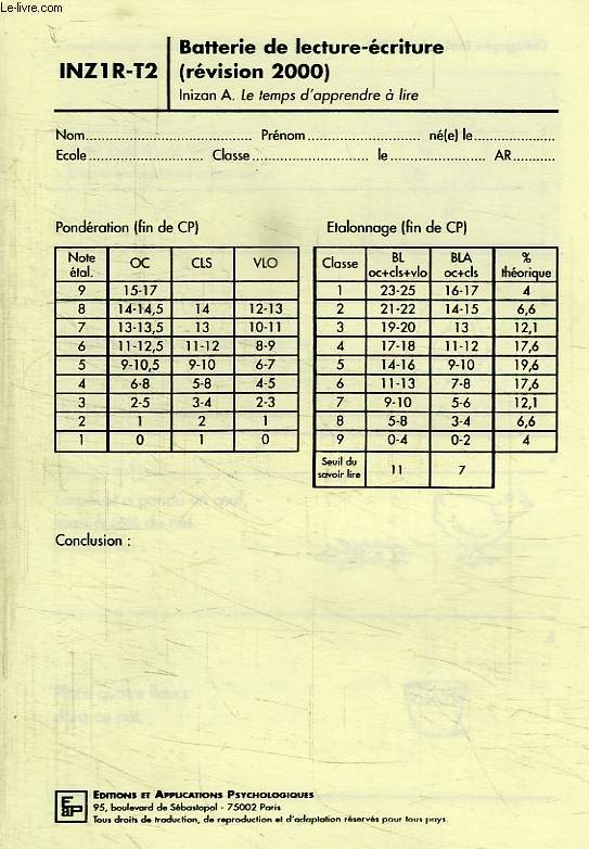 INZ1R-T2, BATTERIE DE LECTURE-ECRITURE (REVISION 2000)