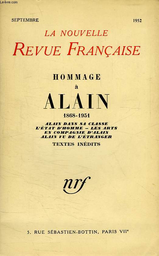 LA NOUVELLE REVUE FRANCAISE, SEPT. 1952, HOMMAGE A ALAIN (1868-1951)