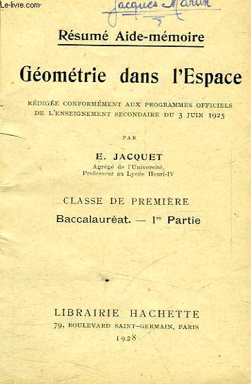 RESUME AIDE-MEMOIRE, GEOMETRIE DANS L'ESPACE, CLASSE DE 1re, BACCALAUREAT, 1re PARTIE