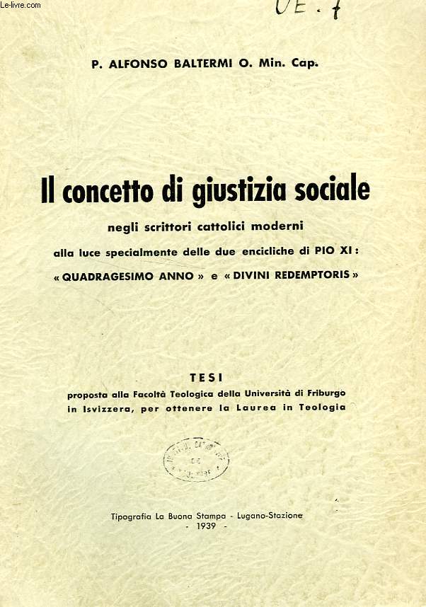 IL CONCETTO DI GIUSTIZIA SOCIALE NEGLI SCRITTORI CATTOLICI MODERNI (TESI)