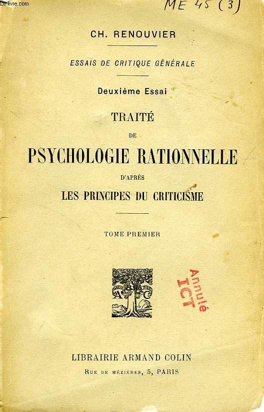 TRAITE DE PSYCHOLOGIE RATIONNELLE D'APRES LES PRINCIPES DU CRITICISME, 2 TOMES