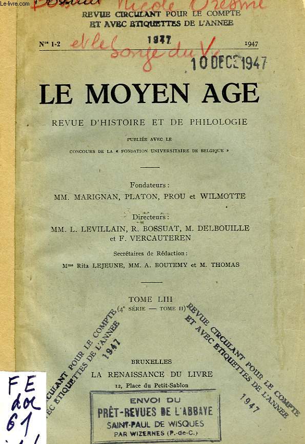 LE MOYEN AGE, REVUE D'HISTOIRE ET DE PHILOLOGIE, TOME III, 4e SERIE, TOME II, NICOLE ORESME ET LE 'SONGE DU VERGER'