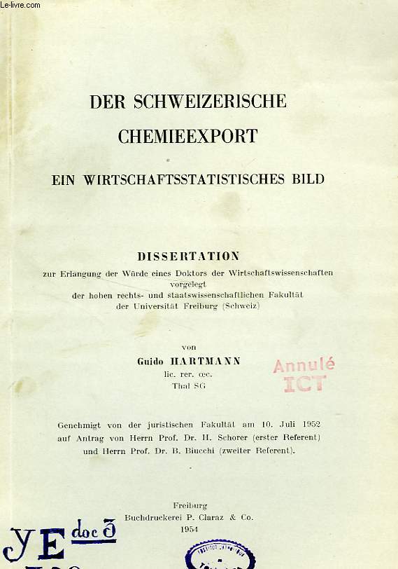 DER SCHWEIZERISCHE CHEMIEEXPORT, EIN WIRTSCHAFTSSTATISTISCHES BILD (DISSERTATION)