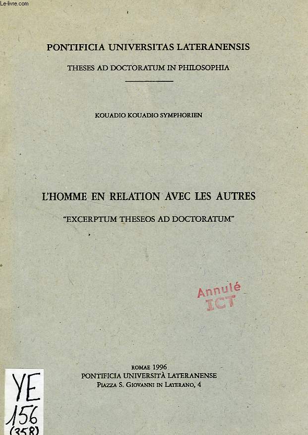 L'HOMME EN RELATION AVEC LES AUTRES, 'EXCERPTUM THESEOS AD DOCTORATUM'
