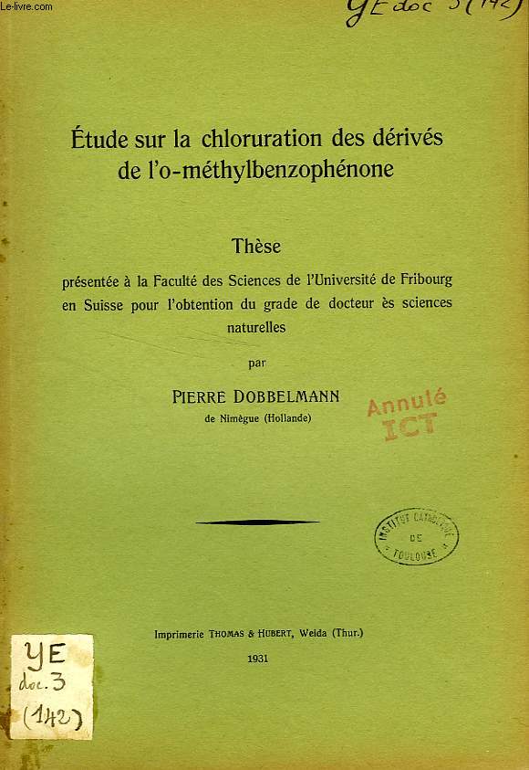 ETUDE SUR LA CHLORURATION DES DERIVES DE L'O-METHYLBENZOPHENONE (THESE)