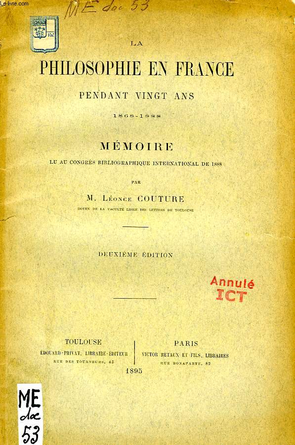 LA PHILOSOPHIE EN FRANCE PENDANT VINGT ANS, 1868-1888