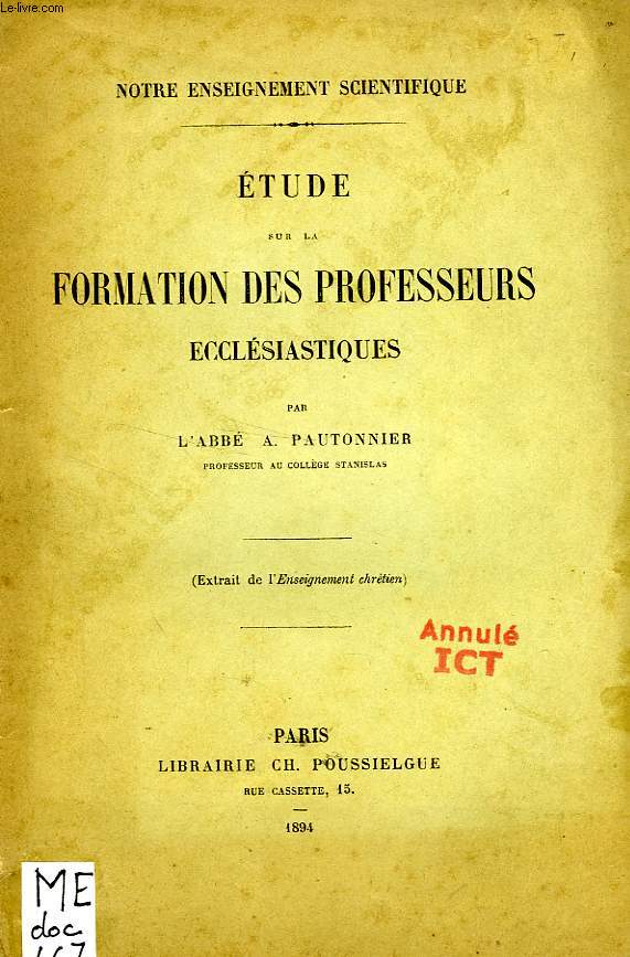 ETUDE SURE LA FORMATION DES PROFESSEURS ECCLESIASTIQUES