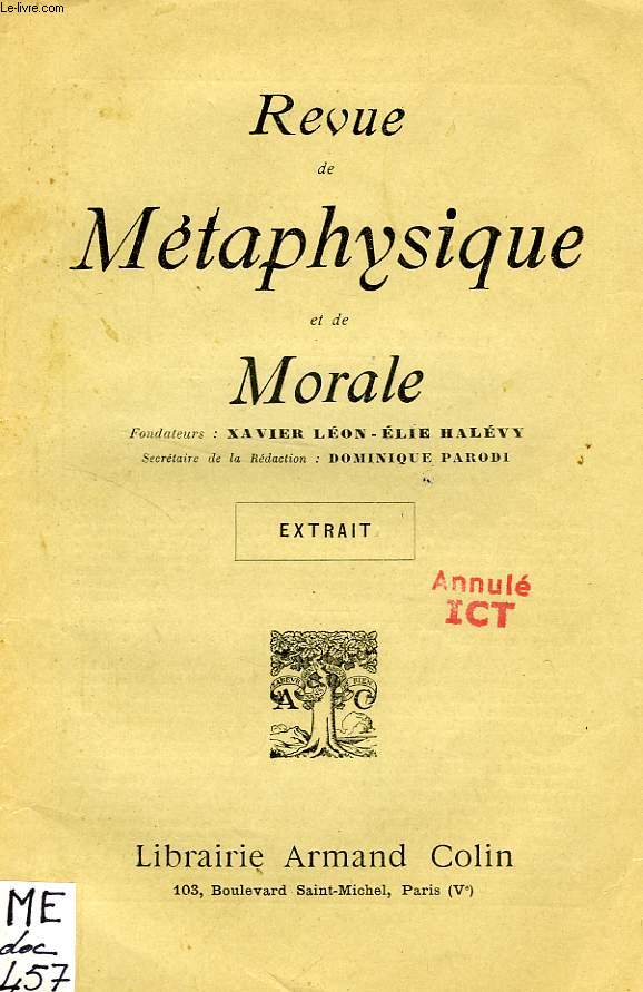 REVUE DE METAPHYSIQUE ET DE MORALE, T. LII, N 3, 1940, EXTRAIT, VALEUR PERMANENTE ET PRESENTE DE LA VERITE PHILOSOPHIQUE