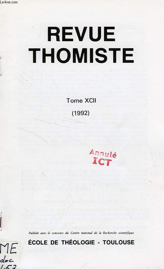 REVUE THOMISTE, TOME XCII, 1992, EXTRAIT, PLACE DE L'HOMME DANS LA NATURE
