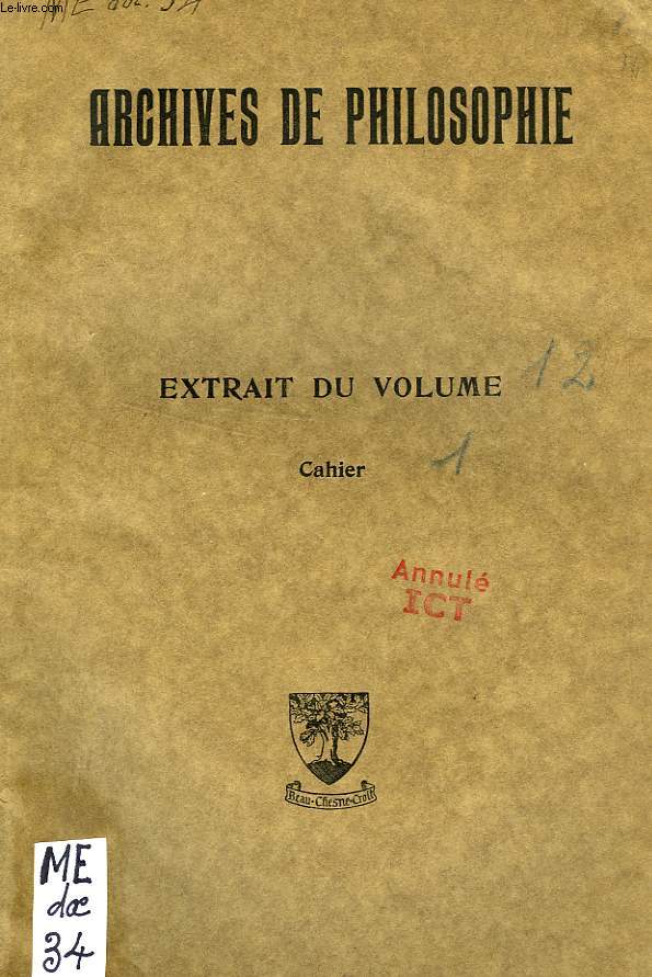 ARCHIVES DE PHILOSOPHIE, EXTRAIT DU VOLUME 12, CAHIER 1, PERSONNE ET HUMANITE