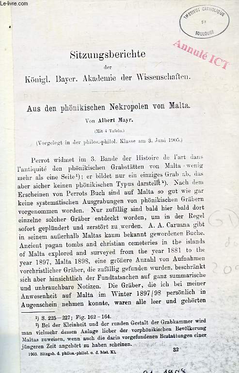 SITZUNGSBERICHTE DER KNIGL. BAYER. AKADEMIE DER WISSENSCHAFTEN., AUS DEN PHNIKISCHEN NEKROPOLEN VON MALTA (PHOTOCOPIE)