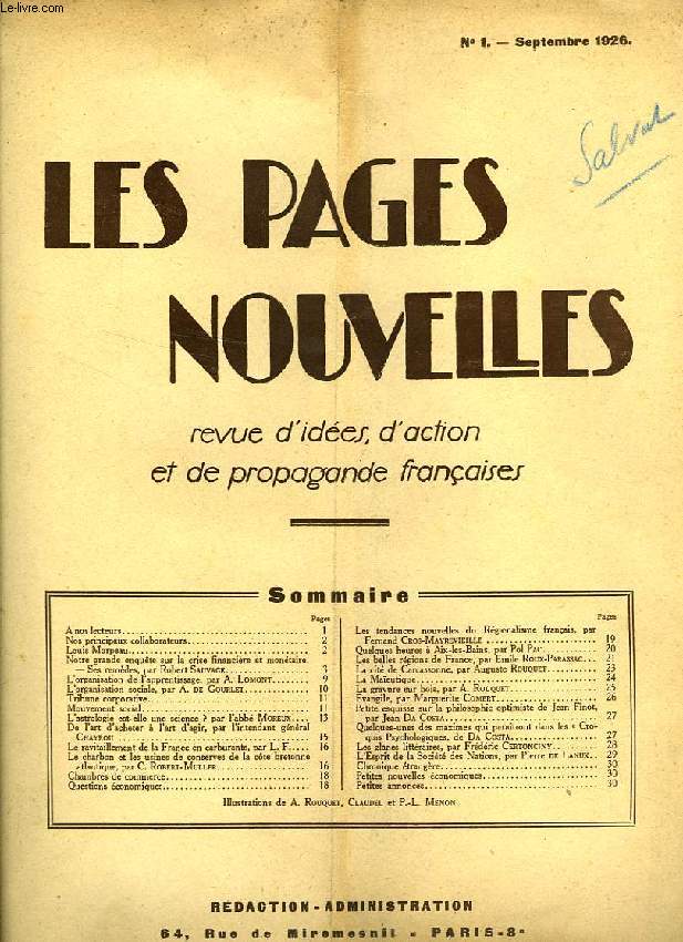 LES PAGES NOUVELLES, 1re ANEE, N 1, SEPT. 1926