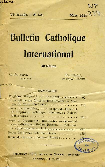 BULLETIN CATHOLIQUE INTERNATIONAL, VIe ANNEE, N 59, MARS 1931