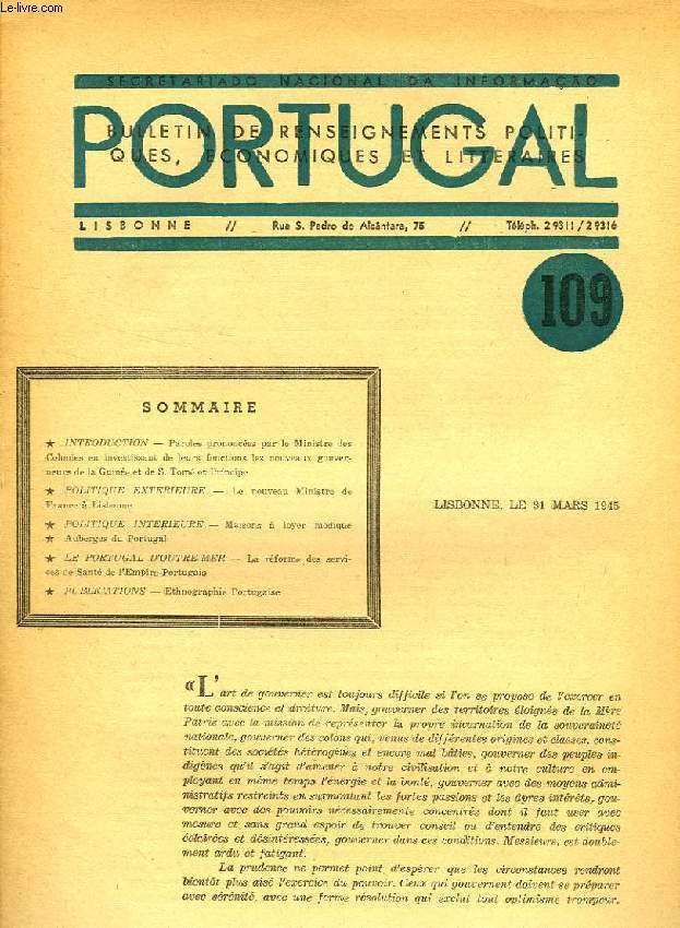 PORTUGAL, N 109, MARS 1945, BULLETIN DE RENSEIGNEMENTS POLITIQUES, ECONOMIQUES ET LITTERAIRES