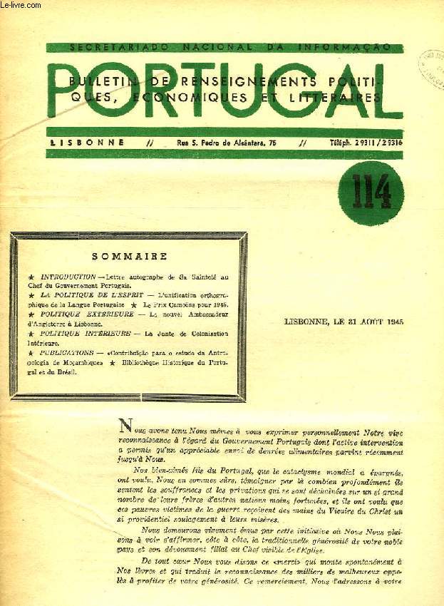 PORTUGAL, N 114, AOUT 1945, BULLETIN DE RENSEIGNEMENTS POLITIQUES, ECONOMIQUES ET LITTERAIRES