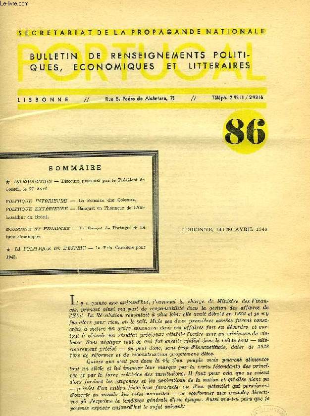 PORTUGAL, N 86, AVRIL 1943, BULLETIN DE RENSEIGNEMENTS POLITIQUES, ECONOMIQUES ET LITTERAIRES