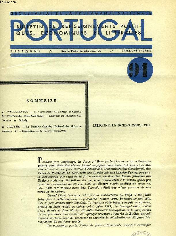 PORTUGAL, N 91, SEPT. 1943, BULLETIN DE RENSEIGNEMENTS POLITIQUES, ECONOMIQUES ET LITTERAIRES