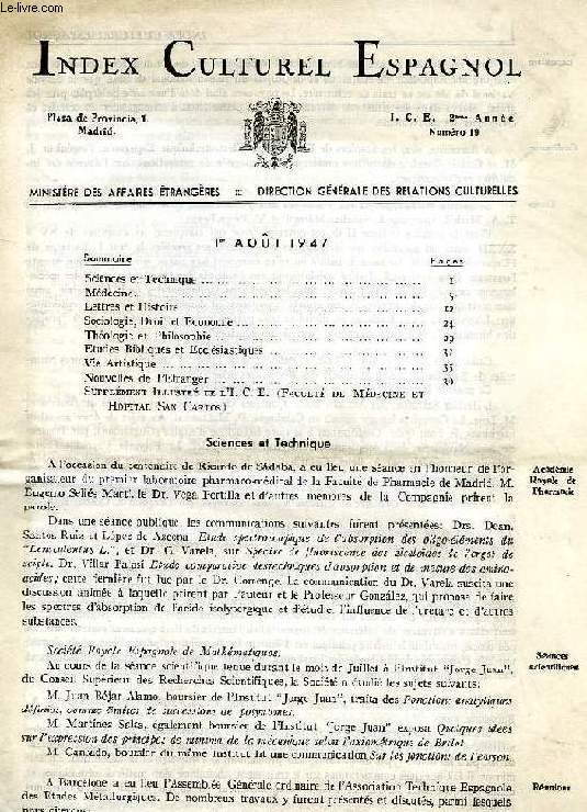 INDEX CULTUREL ESPAGNOL, 2e ANNEE, N 19, AOUT 1947