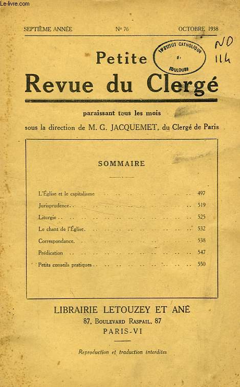 PETITE REVUE DU CLERGE, 7e ANNEE, N 76, OCT. 1938