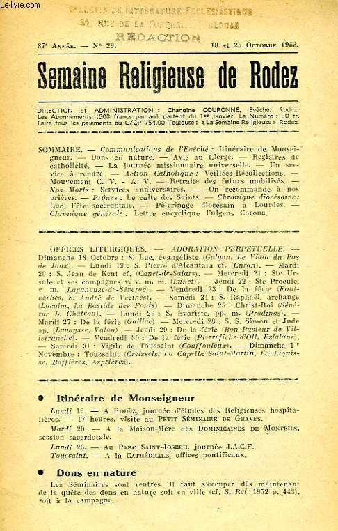 SEMAINE RELIGIEUSE DE RODEZ, N 29, OCT. 1953