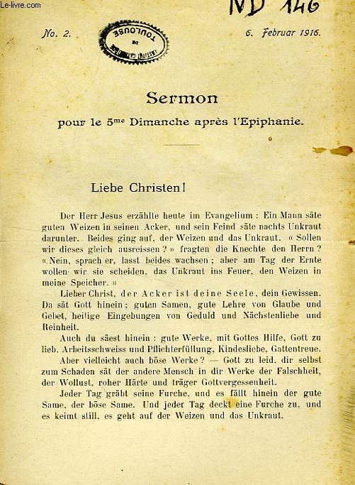 DOCETE OMNES GENTES, COURTES INSTRUCTIONS RELIGIEUSES EN LANGUE ALLEMANDE DESTINEES AUX AUMONIERS DE GUERRE, 4 ANNEES, 1916-1919