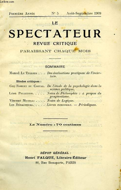 LE SPECTATEUR, REVUE CRITIQUE, 1re ANNEE, N 5, AOUT-SEPT. 1909