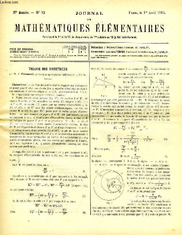 JOURNAL DE MATHEMATIQUES ELEMENTAIRES, 37e ANNEE, N 13, 1er AVRIL 1913