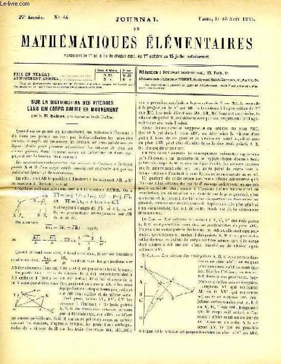 JOURNAL DE MATHEMATIQUES ELEMENTAIRES, 37e ANNEE, N 14, 15 AVRIL 1913