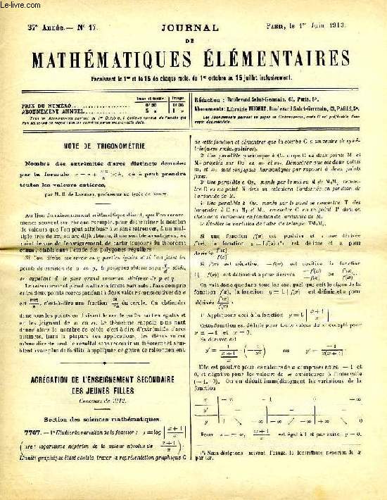 JOURNAL DE MATHEMATIQUES ELEMENTAIRES, 37e ANNEE, N 17, 1er JUIN 1913