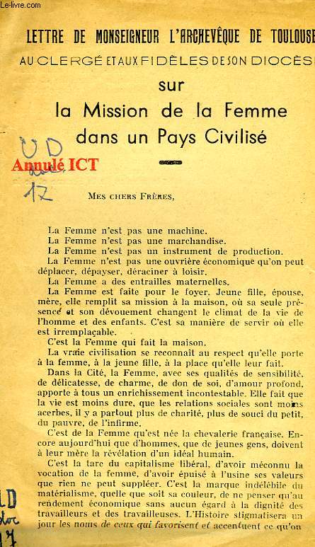 LETTRE DE Mgr L'ARCHEVEQUE DE TOULOUSE AU CLERGE ET AUX FIDELES DE SON DIOCESE, SUR LA MISSIO DE LA FEMME DANS UN PAYS CIVILISE