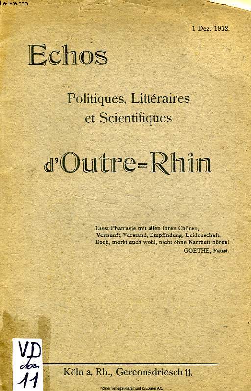 ECHOS POLITIQUES, LITTERAIRES ET SCIENTIFIQUES D'OUTRE-RHIN, 1. Dez. 1912