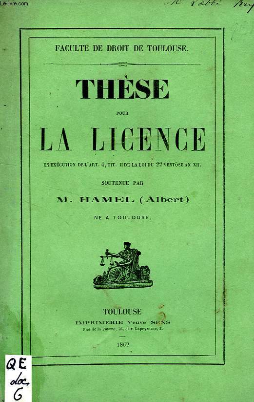 THESE POUR LA LICENCE, DROIT CIVIL FRANCAIS, DE L'EMANCIPATION