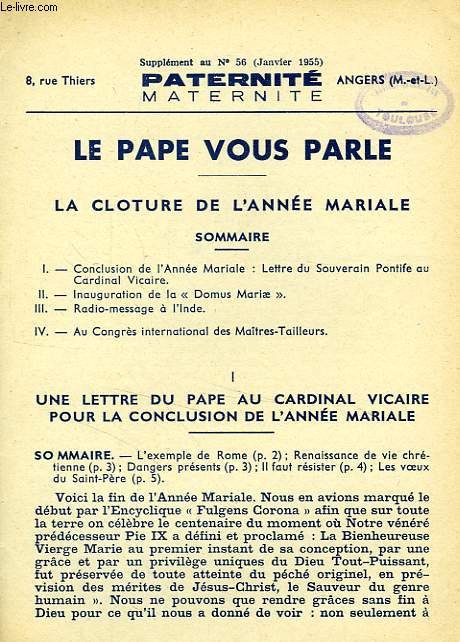 PATERNITE MATERNITE, SUPPLEMENT AU N 56 (JAN. 1955)