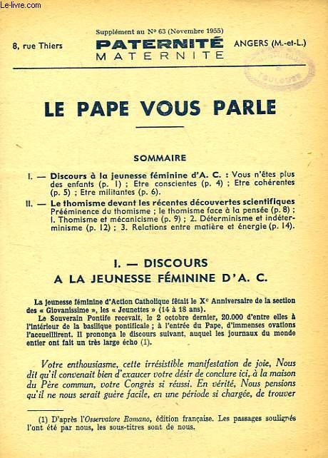 PATERNITE MATERNITE, SUPPLEMENT AU N° 63 (NOV. 1955)
