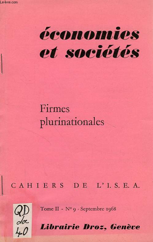 CAHIERS DE L'ISEA, TOME II, N 9, SEPT. 1968, ECONOMIES ET SOCIETES, FIRMES PLURINATIONALES