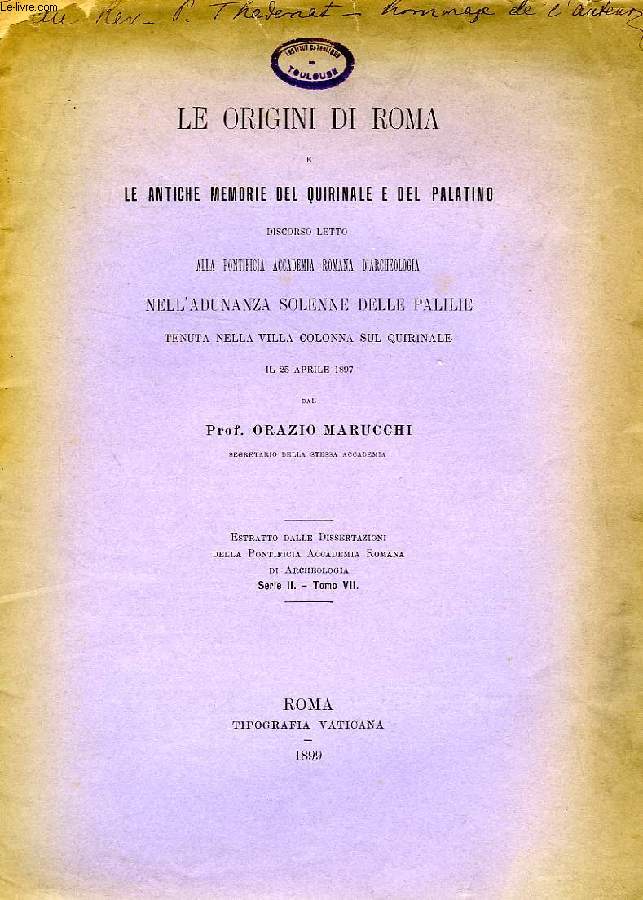 LE ORIGINI DI ROMA E LE ANTICHE MEMORIE DEL QUIRINALE E DEL PALATINO, DISCORSO