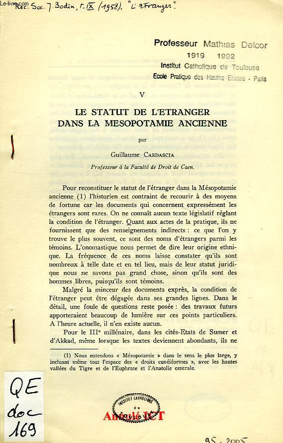 LE STATUT DE L'ETRANGER DANS LA MESOPOTAMIE ANCIENNE