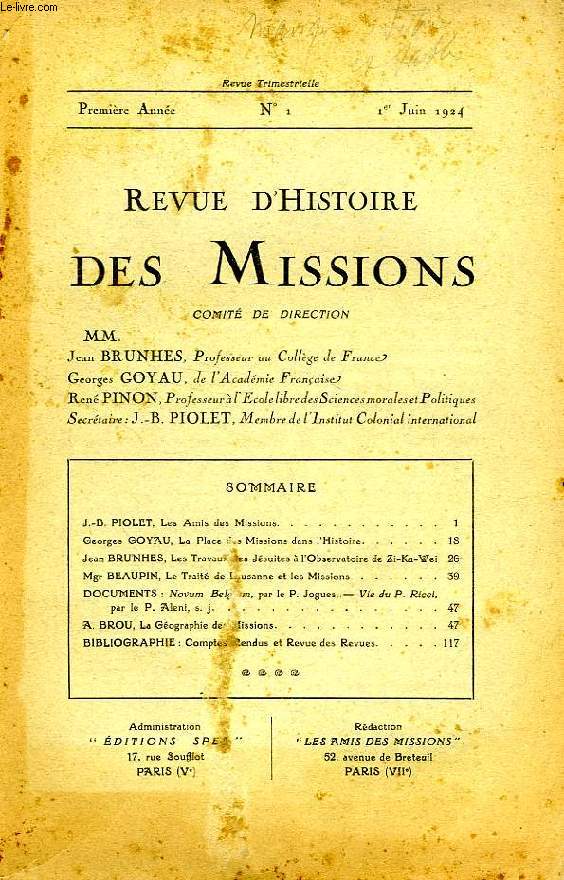 REVUE D'HISTOIRE DES MISSIONS, 1re ANNEE, N 1, JUIN 1924