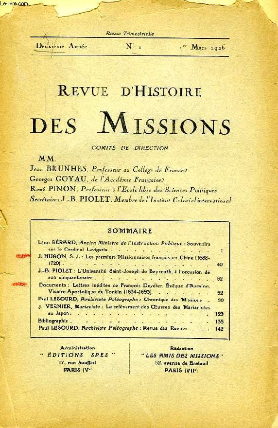 REVUE D'HISTOIRE DES MISSIONS, 3e ANNEE, N 1, MARS 1924