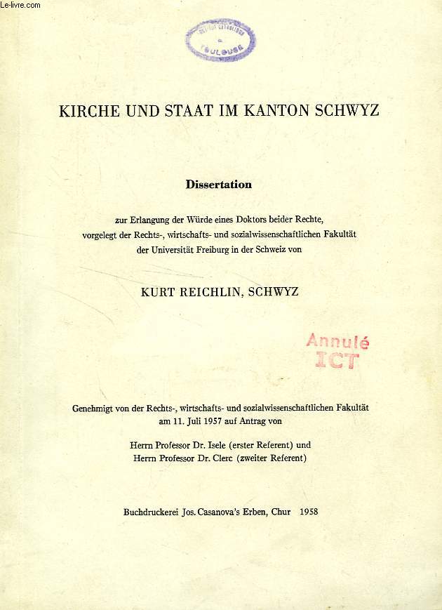 KIRCHE UND STAAT IM KANTON SCHWYZ (DISSERTATION)