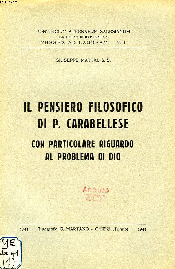 IL PENSIERO FILOSOFICO DI P. CARABELLESE, CON PARTICOLARE RIGUARDO AL PROBLEMA DI DIO