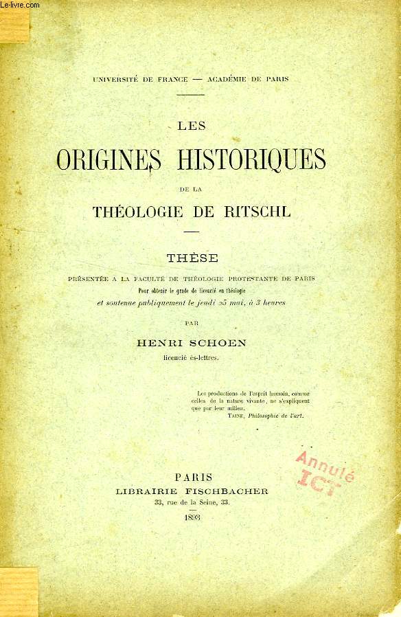 LES ORIGINES HISTORIQUES DE LA THEOLOGIE DE RITSCHL (THESE)
