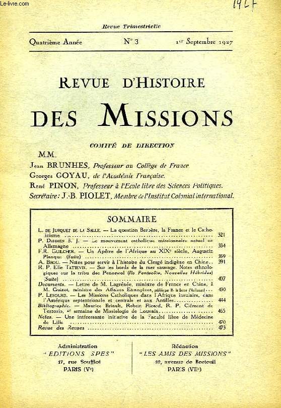 REVUE D'HISTOIRE DES MISSIONS, 4e ANNEE, N 3, SEPT. 1927
