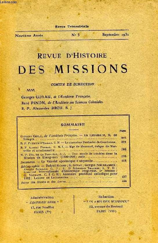REVUE D'HISTOIRE DES MISSIONS, 9e ANNEE, N 3, SEPT. 1932