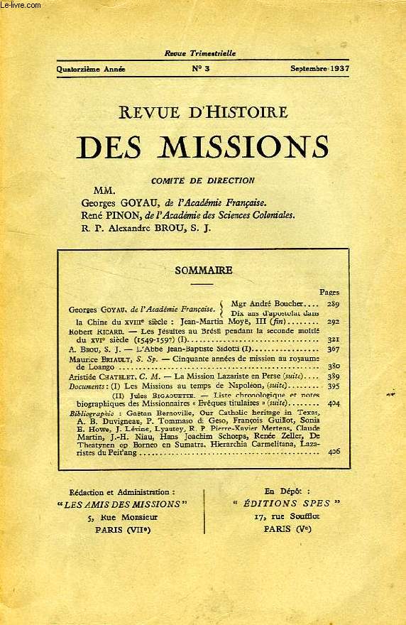 REVUE D'HISTOIRE DES MISSIONS, 14e ANNEE, N 3, SEPT. 1937